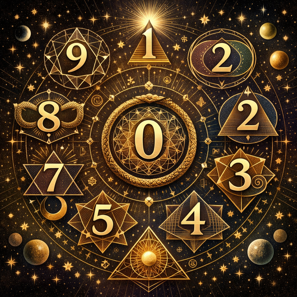 Golden astrological chart with numbers 0 to 9 and mystical geometric designs on a starry background